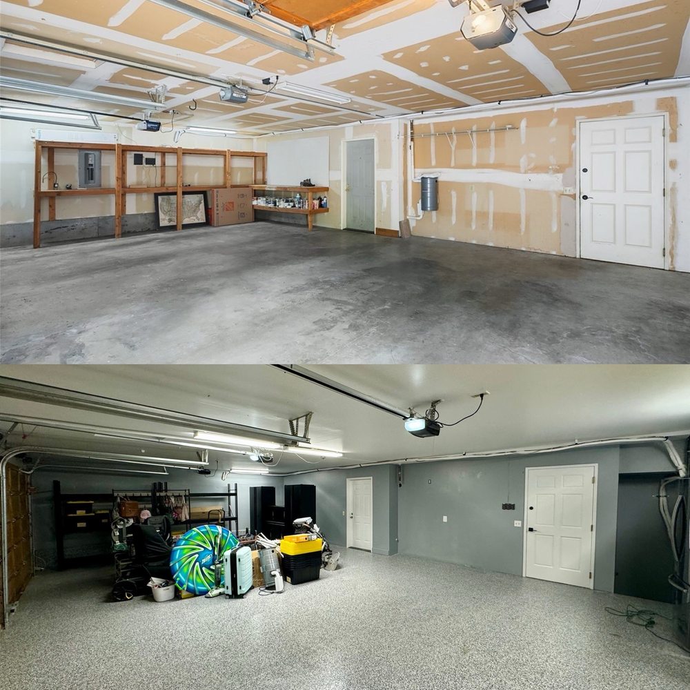 Before and after of an 870 sq ft garage in Mukilteo: bare drywall above, finished gray painted garage walls and ceiling below